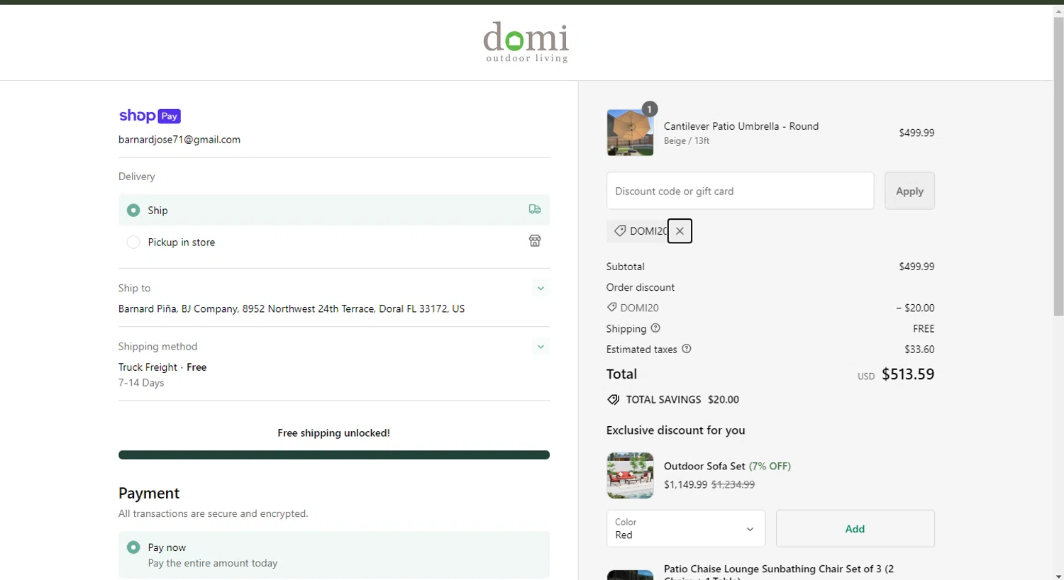 where to use Domi Outdoor Living promo code box