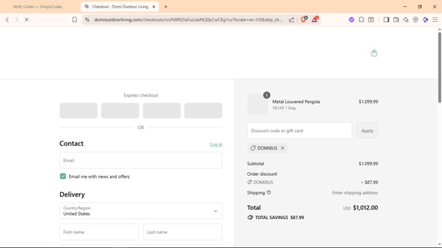 Domi Outdoor Living checkout page showing Domi Outdoor Living discount code box | Screenshot taken by SimplyCodes community member on Aug 27, 2025