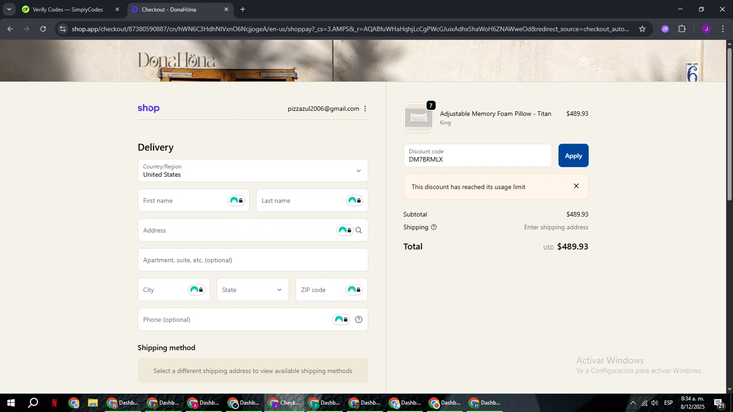 DonaHöna promo code screenshot showing code DM7BRMLX applied at DonaHöna checkout page. Uploaded by SimplyCodes community member ComeBurra123 on Dec 8, 2025