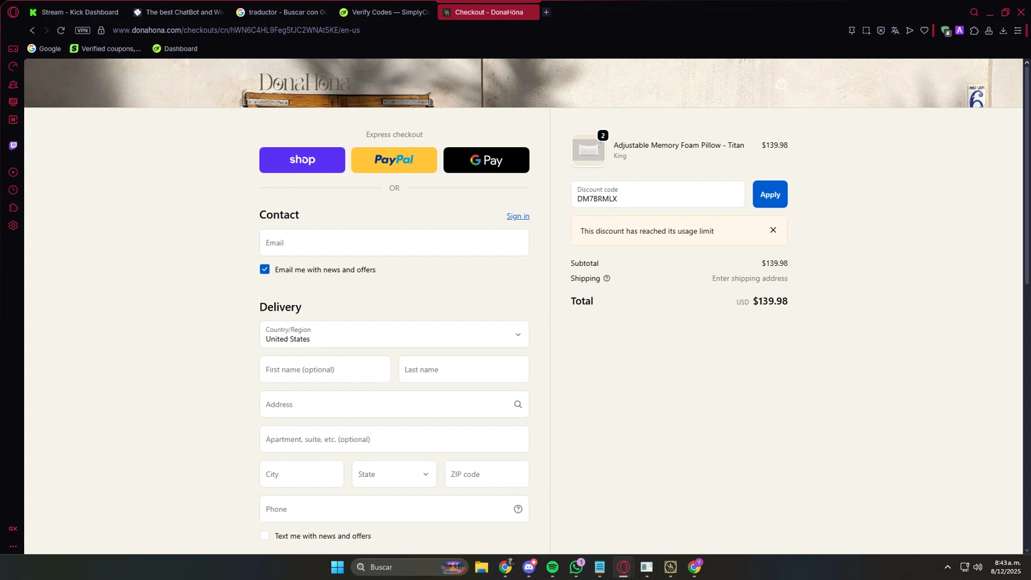 DonaHöna promo code screenshot showing code DM7BRMLX applied at DonaHöna checkout page. Uploaded by SimplyCodes community member PrimeVirtuoso9679 on Dec 8, 2025
