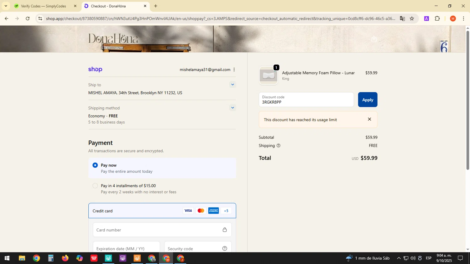 DonaHöna promo code screenshot showing code 3RGKR8PP applied at DonaHöna checkout page. Uploaded by SimplyCodes community member ExtraordinaryDefender1444 on Oct 9, 2025