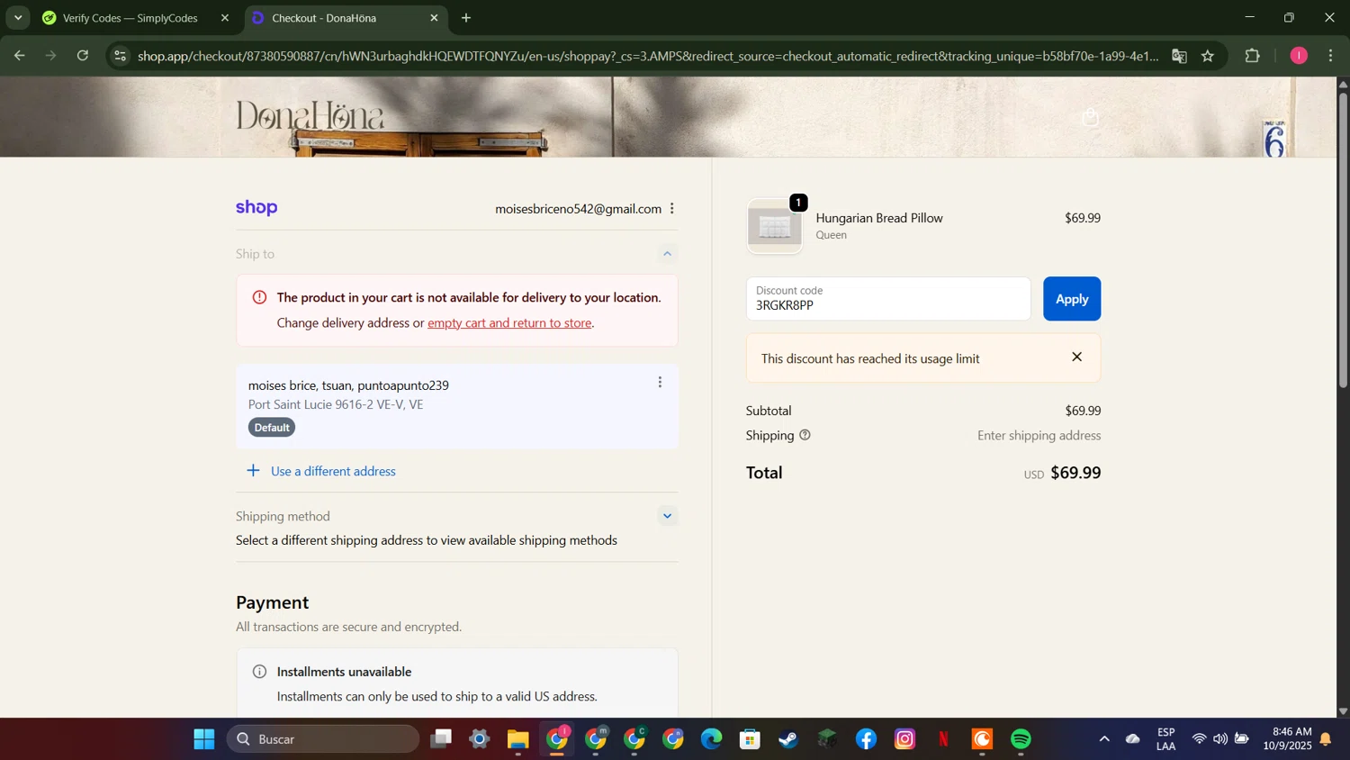 DonaHöna promo code screenshot showing code 3RGKR8PP applied at DonaHöna checkout page. Uploaded by SimplyCodes community member MightyGuardian8404 on Oct 9, 2025