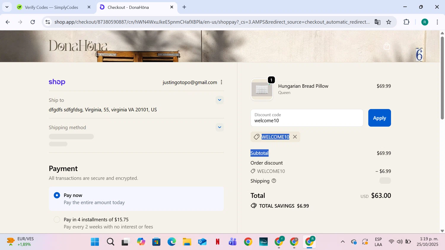 DonaHöna promo code screenshot showing code welcome10 applied at DonaHöna checkout page. Uploaded by SimplyCodes community member CleverCurator1217 on Oct 25, 2025