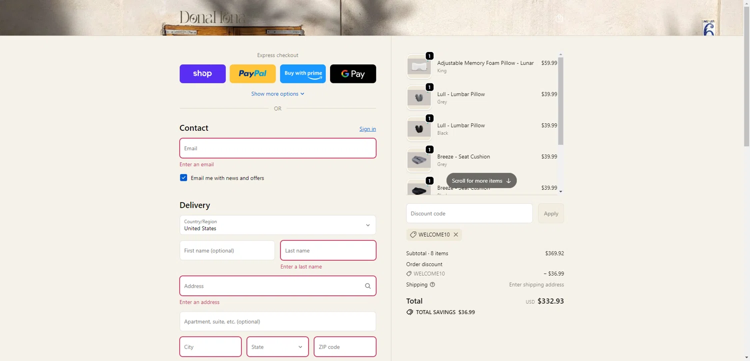 DonaHöna promo code screenshot showing code welcome10 applied at DonaHöna checkout page. Uploaded by SimplyCodes community member ExtraordinaryShopper780 on Nov 12, 2025