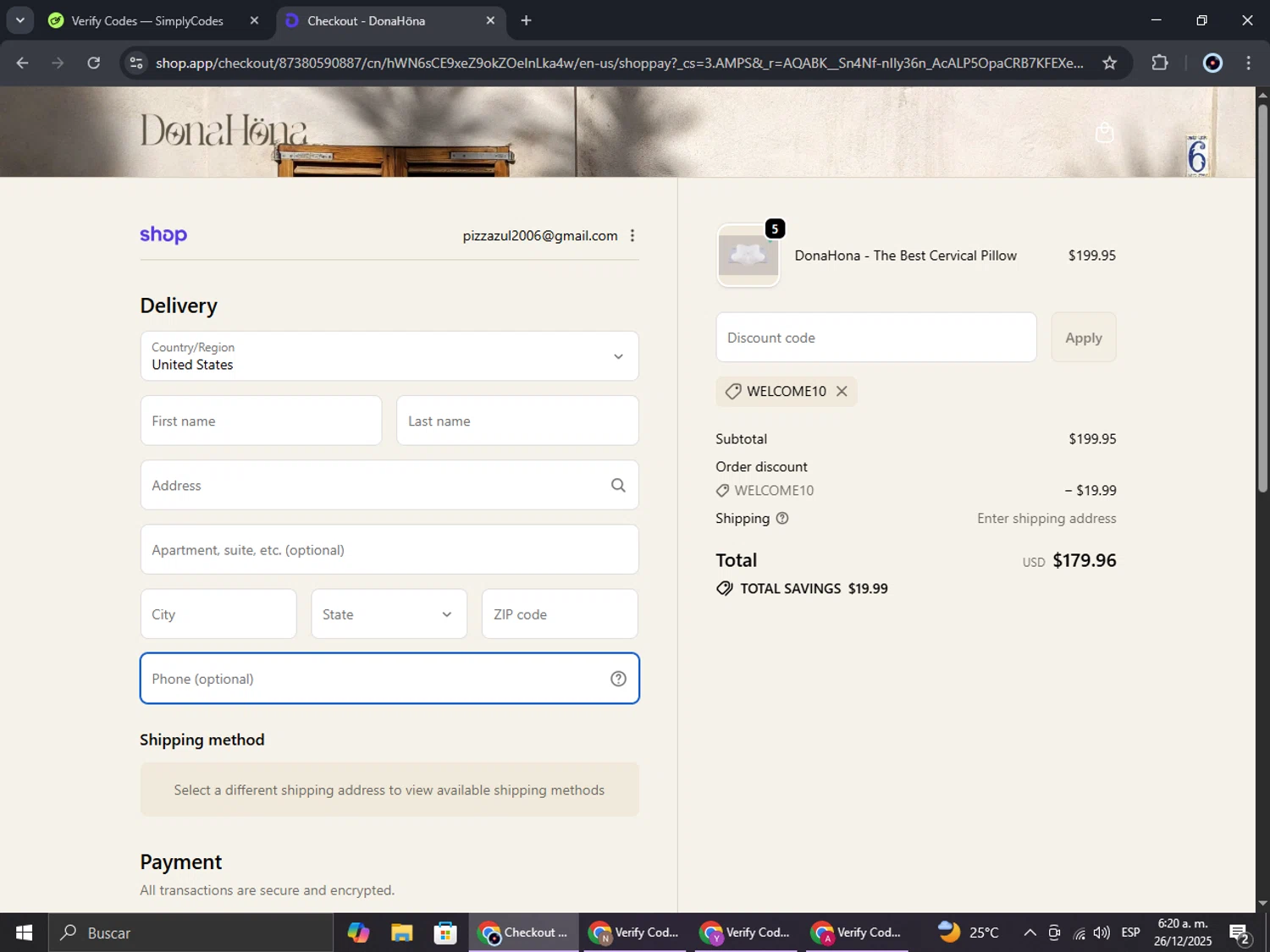 DonaHöna promo code screenshot showing code welcome10 applied at DonaHöna checkout page. Uploaded by SimplyCodes community member RoyalBoss4384 on Dec 26, 2025