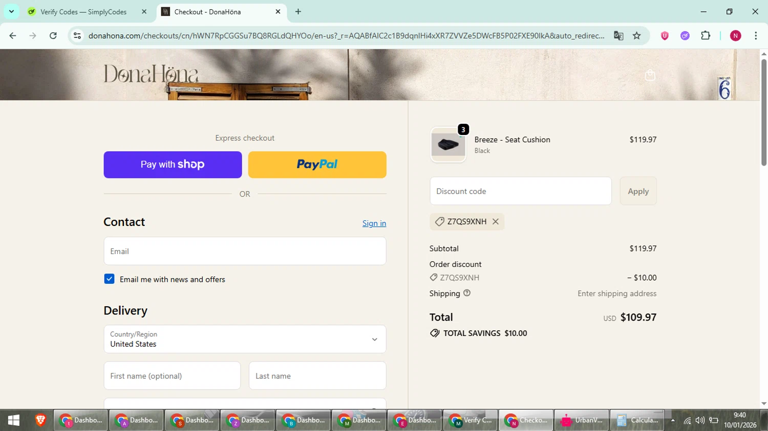 DonaHöna checkout page showing DonaHöna promo code box | Screenshot taken by SimplyCodes community member on Jan 10, 2026