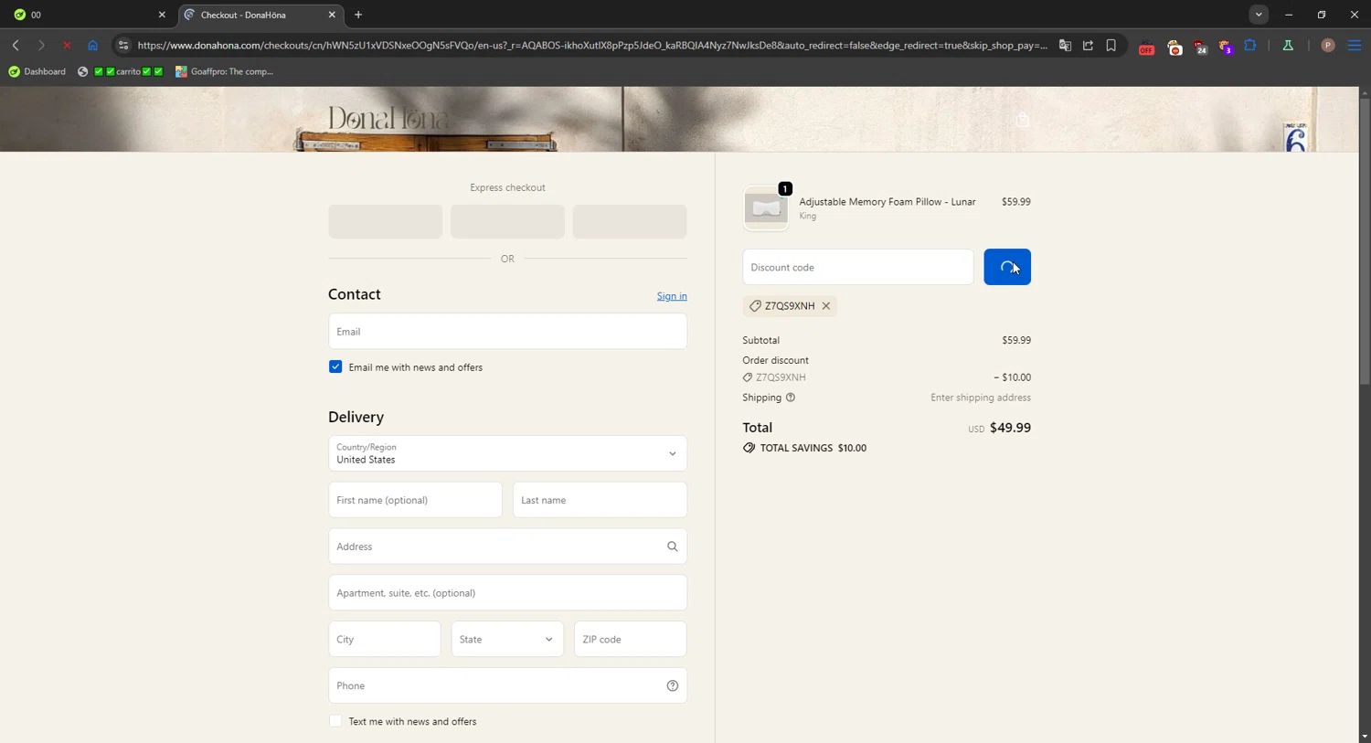 DonaHöna promo code screenshot showing code Z7QS9XNH applied at DonaHöna checkout page. Uploaded by SimplyCodes community member CrownPro3073 on Dec 3, 2025