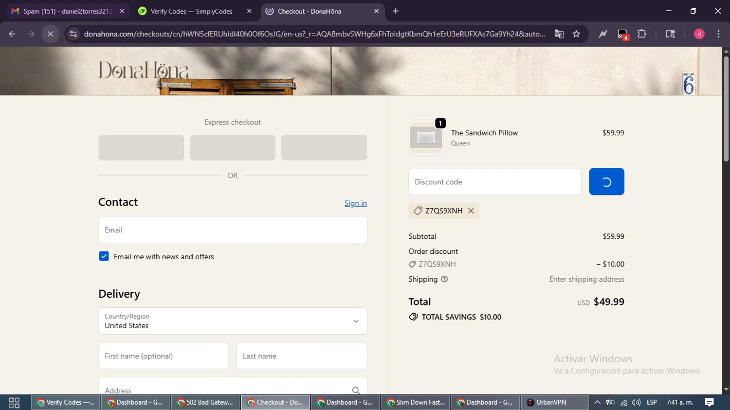 DonaHöna promo code screenshot showing code Z7QS9XNH applied at DonaHöna checkout page. Uploaded by SimplyCodes community member MagnificentSpotter4236 on Nov 23, 2025