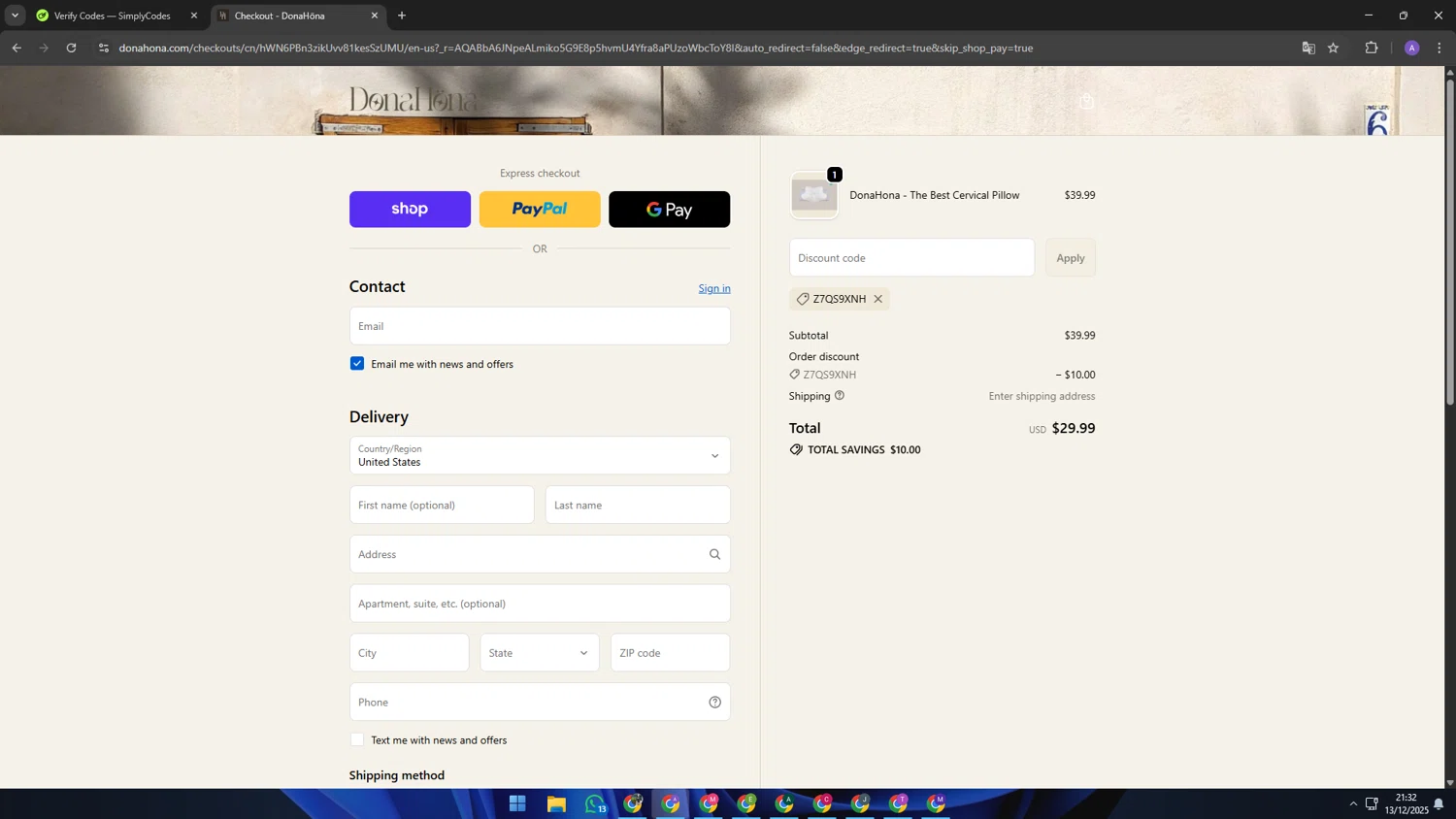 DonaHöna promo code screenshot showing code Z7QS9XNH applied at DonaHöna checkout page. Uploaded by SimplyCodes community member SAKURA on Dec 14, 2025