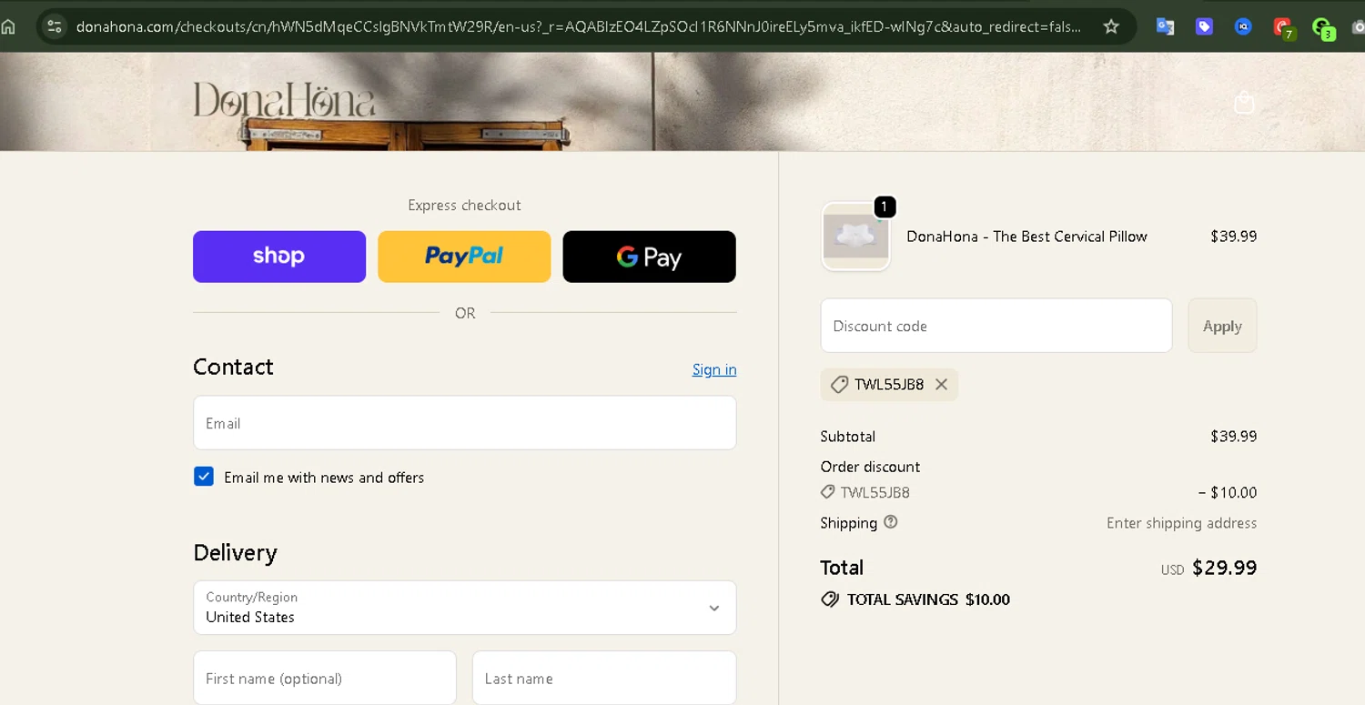 DonaHöna promo code screenshot showing code TWL55JB8 applied at DonaHöna checkout page. Uploaded by SimplyCodes community member Serdanvz on Nov 23, 2025