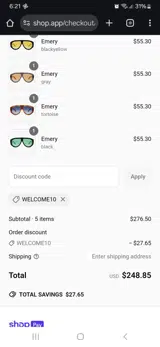 WELCOME10 coupon verification screenshot