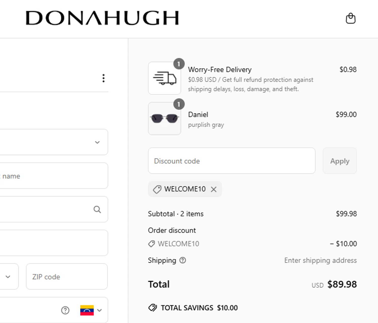 Donahugh Eyewear promo code screenshot showing code WELCOME10 applied at Donahugh Eyewear checkout page. Uploaded by SimplyCodes community member CrownHero8789 on Jun 29, 2025