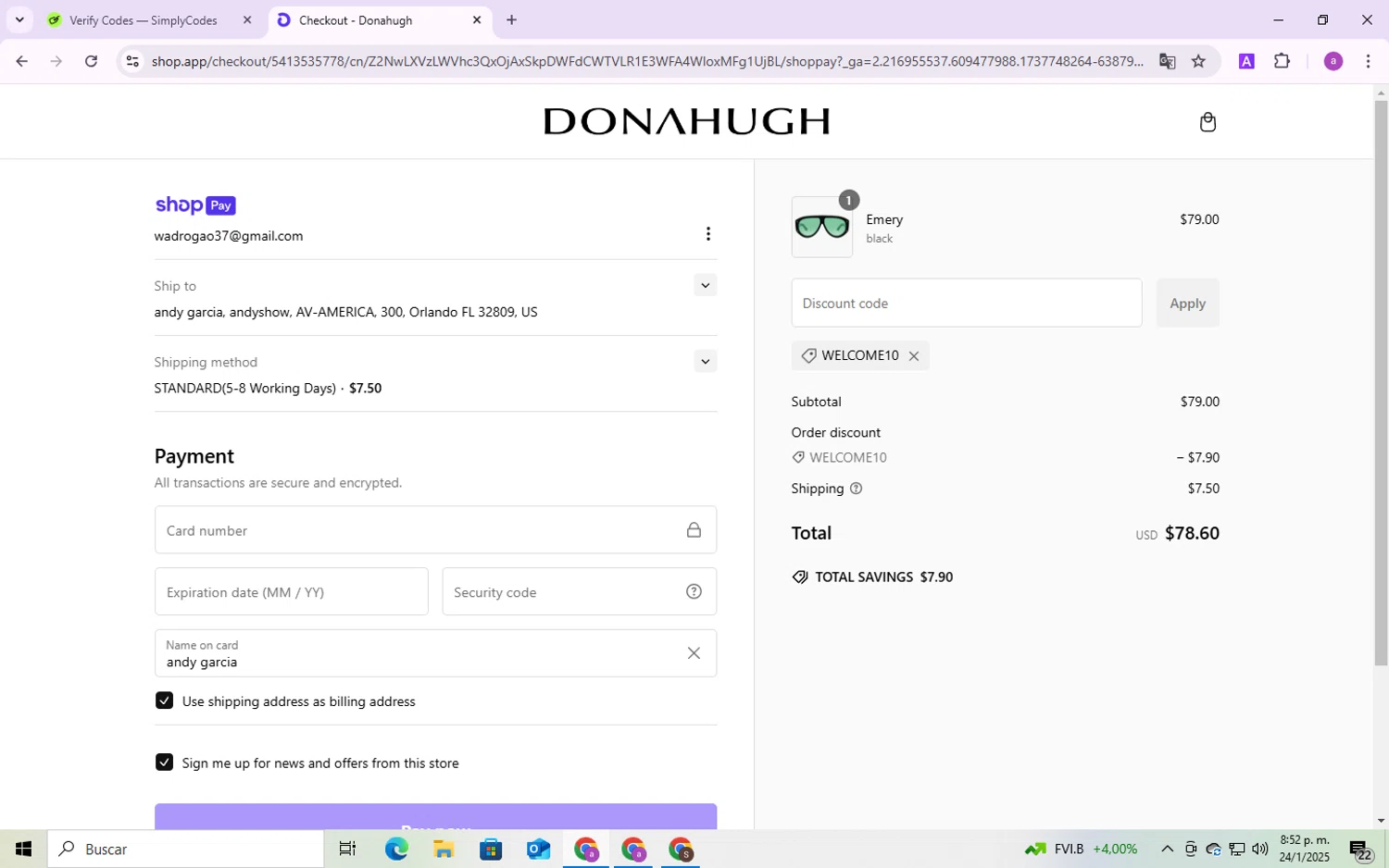 Donahugh Eyewear promo code screenshot showing code WELCOME10 applied at Donahugh Eyewear checkout page. Uploaded by SimplyCodes community member CodeMaverick246 on Jan 24, 2025