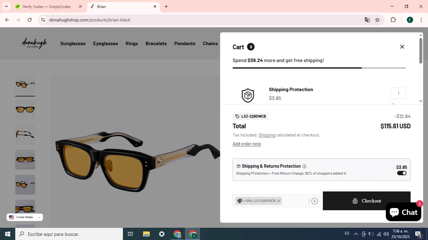Donahugh Eyewear promo code screenshot showing code LXZ-2Q8DWCB applied at Donahugh Eyewear checkout page. Uploaded by SimplyCodes community member Esteban14 on Oct 25, 2025
