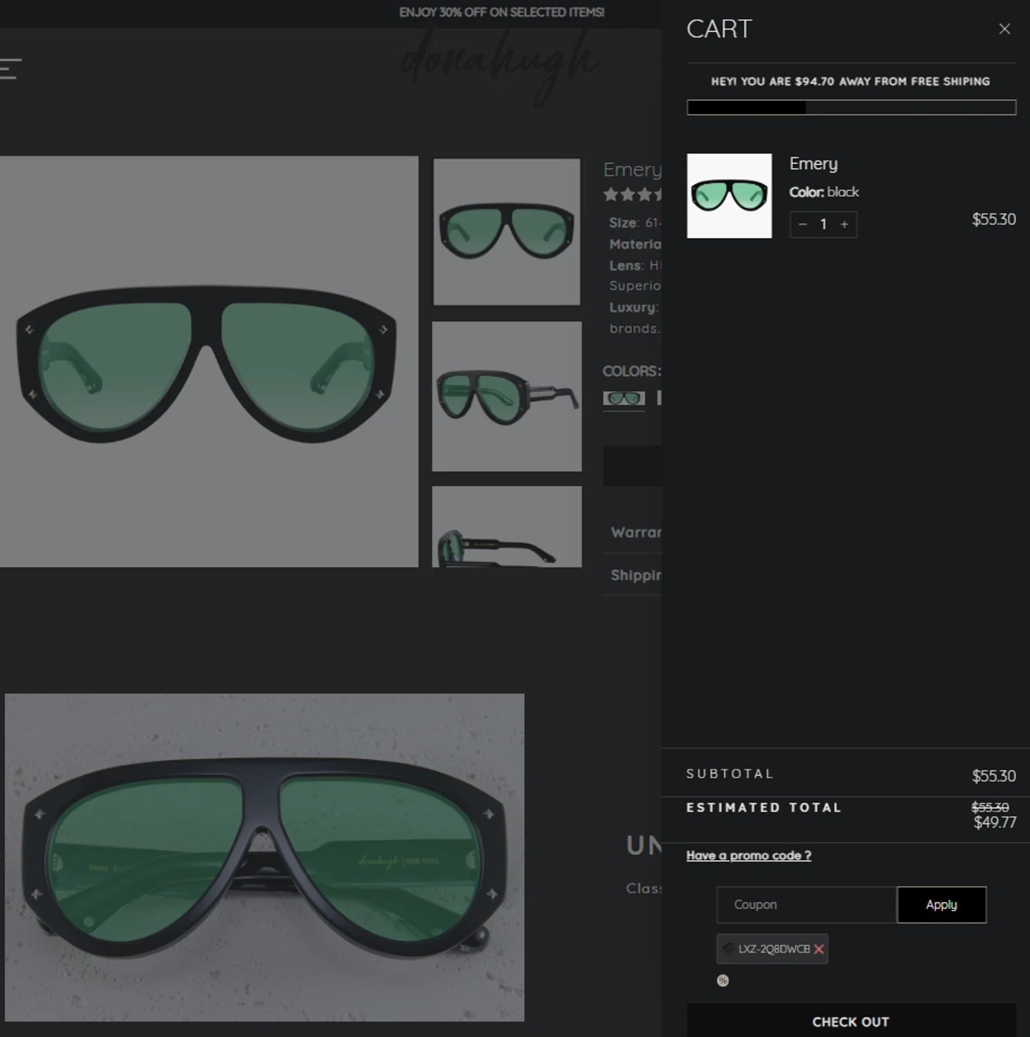 Donahugh Eyewear promo code screenshot showing code LXZ-2Q8DWCB applied at Donahugh Eyewear checkout page. Uploaded by SimplyCodes community member SpiderGwen on Feb 8, 2025