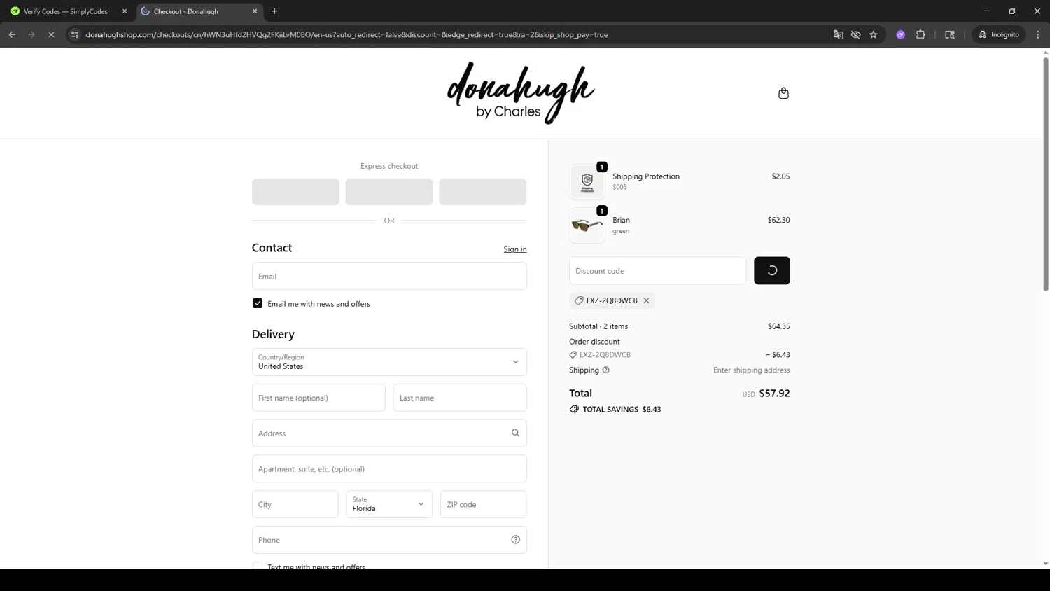 Donahugh Eyewear promo code screenshot showing code LXZ-2Q8DWCB applied at Donahugh Eyewear checkout page. Uploaded by SimplyCodes community member TOROREX250 on Oct 9, 2025