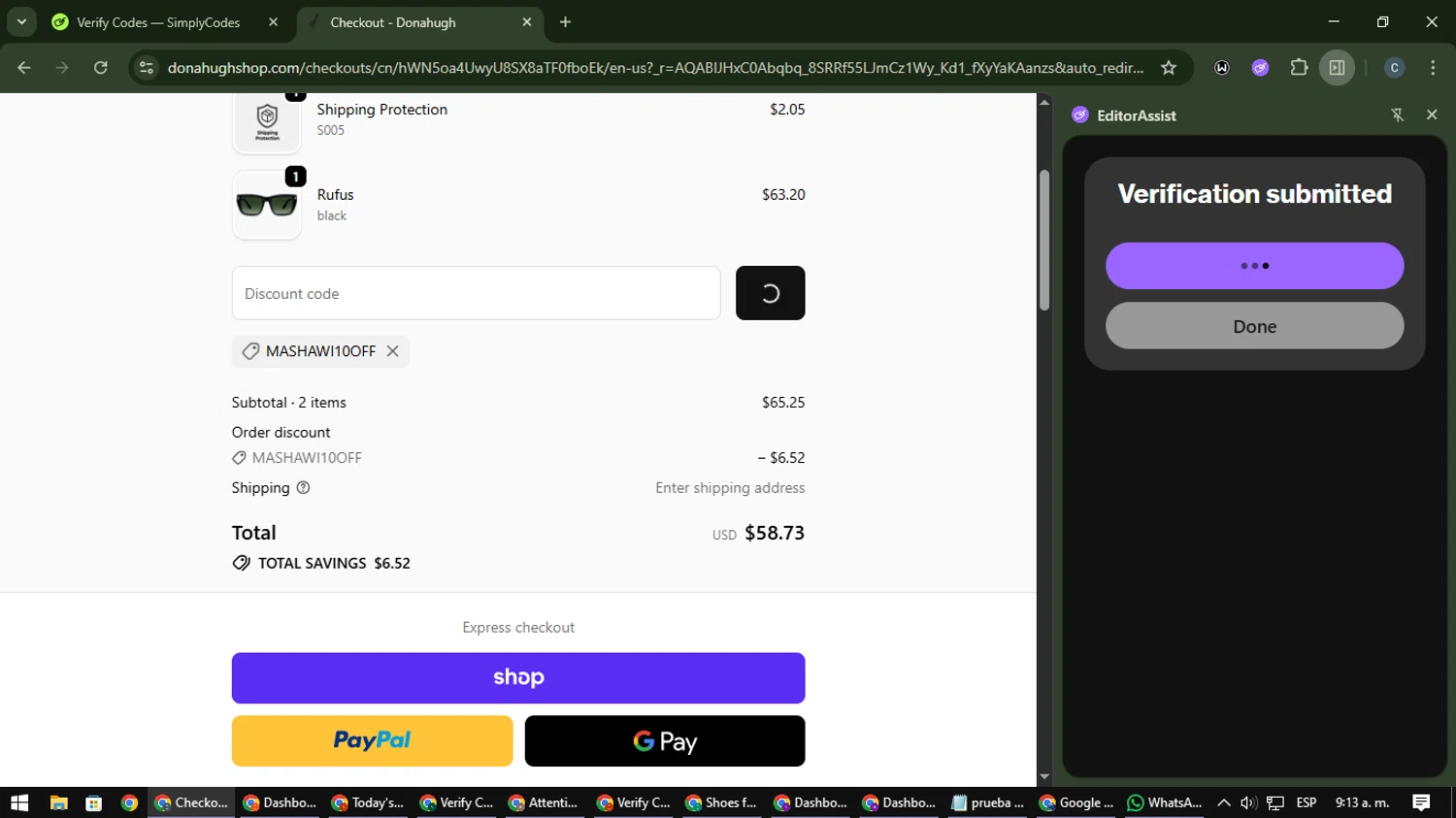 Donahugh Eyewear promo code screenshot showing code MASHAWI10off applied at Donahugh Eyewear checkout page. Uploaded by SimplyCodes community member Nata_Montana on Nov 28, 2025