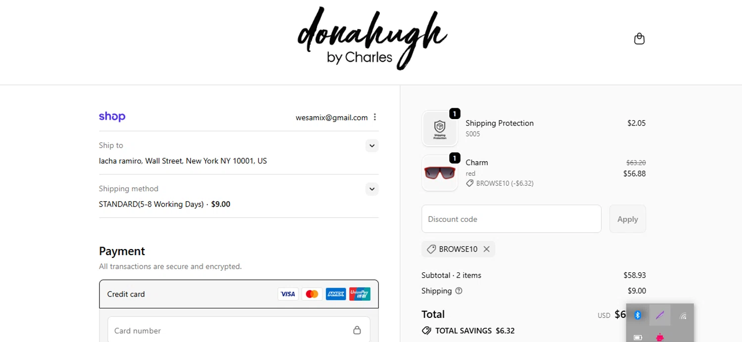 Donahugh Eyewear promo code screenshot showing code BROWSE10 applied at Donahugh Eyewear checkout page. Uploaded by SimplyCodes community member coder_916642691 on Dec 8, 2025