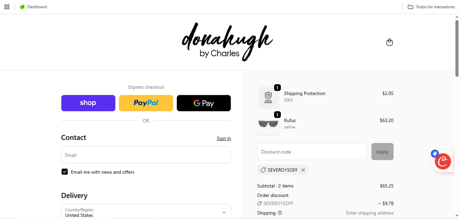 Donahugh Eyewear promo code screenshot showing code SEVERO15off applied at Donahugh Eyewear checkout page. Uploaded by SimplyCodes community member Speedy on Nov 28, 2025