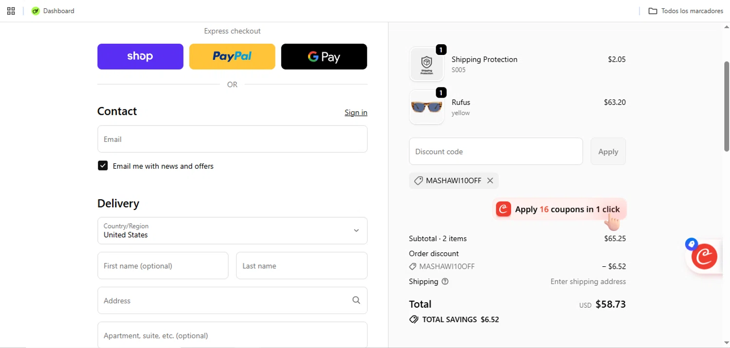 Donahugh Eyewear promo code screenshot showing code MASHAWI10off applied at Donahugh Eyewear checkout page. Uploaded by SimplyCodes community member Speedy on Nov 28, 2025