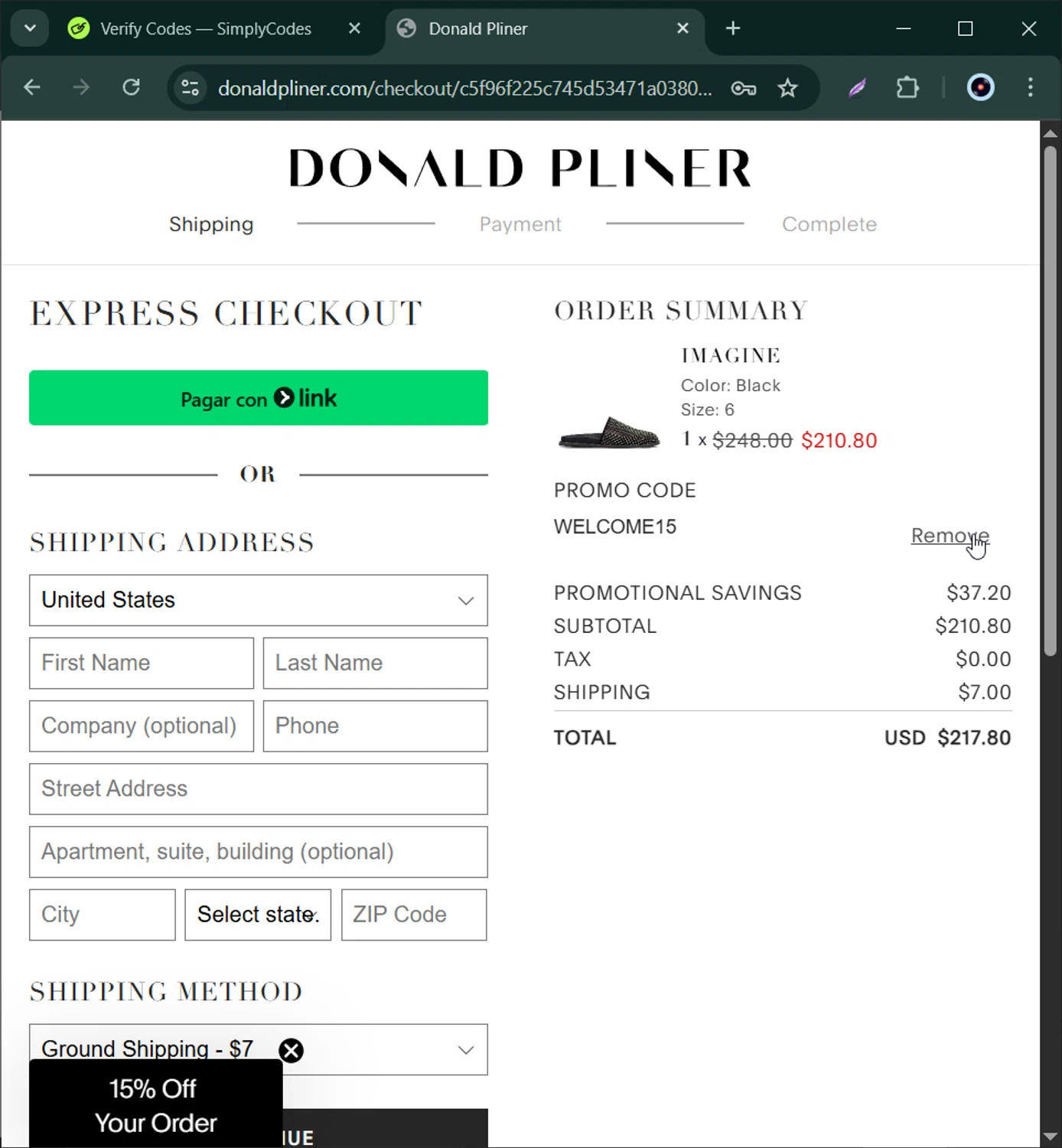 Donald Pliner coupon code screenshot showing code WELCOME15 applied at Donald Pliner checkout page. Uploaded by SimplyCodes community member Bernard_Lowe on Aug 13, 2025