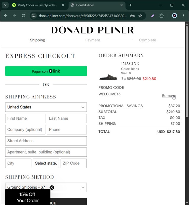 Donald Pliner checkout page showing Donald Pliner coupon code box | Screenshot taken by SimplyCodes community member on Aug 13, 2025