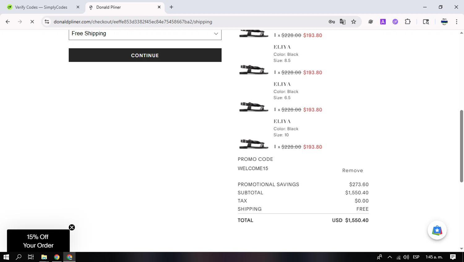 Donald Pliner coupon code screenshot showing code WELCOME15 applied at Donald Pliner checkout page. Uploaded by SimplyCodes community member Heinsenberg on Jun 13, 2025