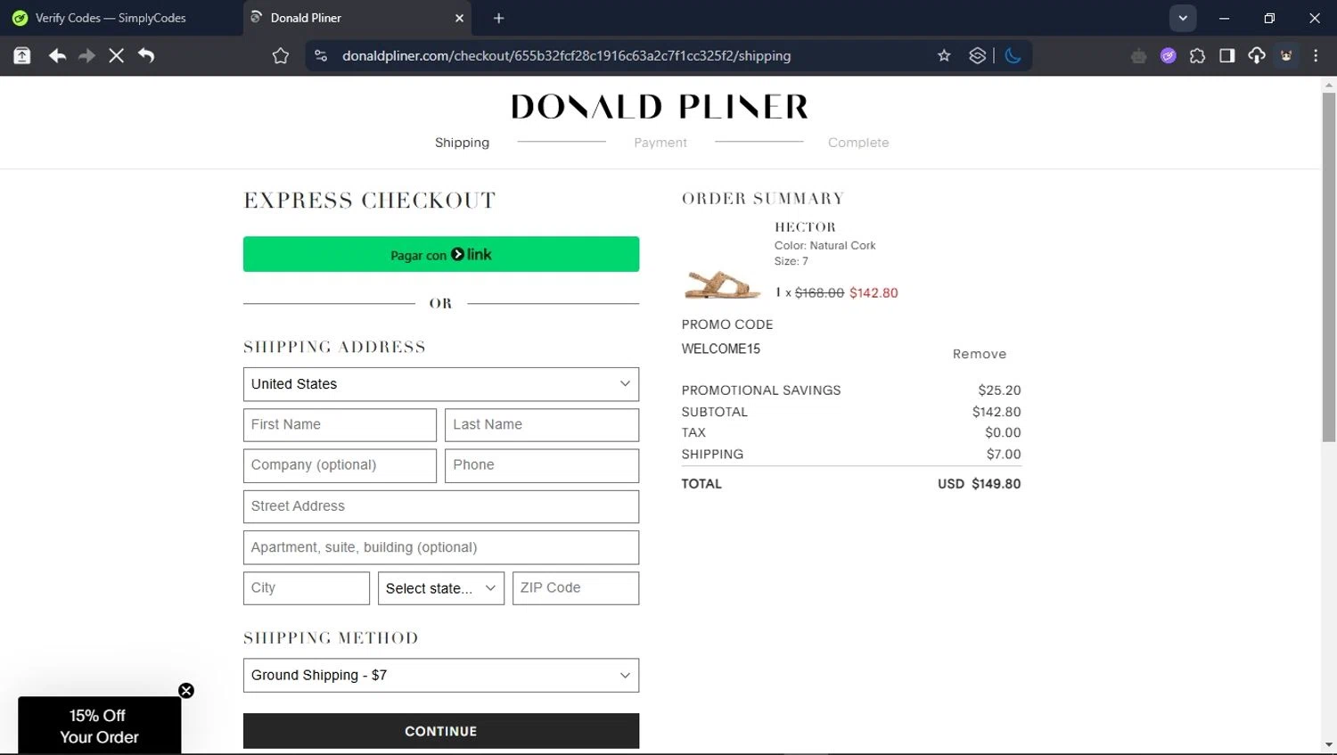 Donald Pliner coupon code screenshot showing code WELCOME15 applied at Donald Pliner checkout page. Uploaded by SimplyCodes community member ValiantHunter5929 on May 15, 2025