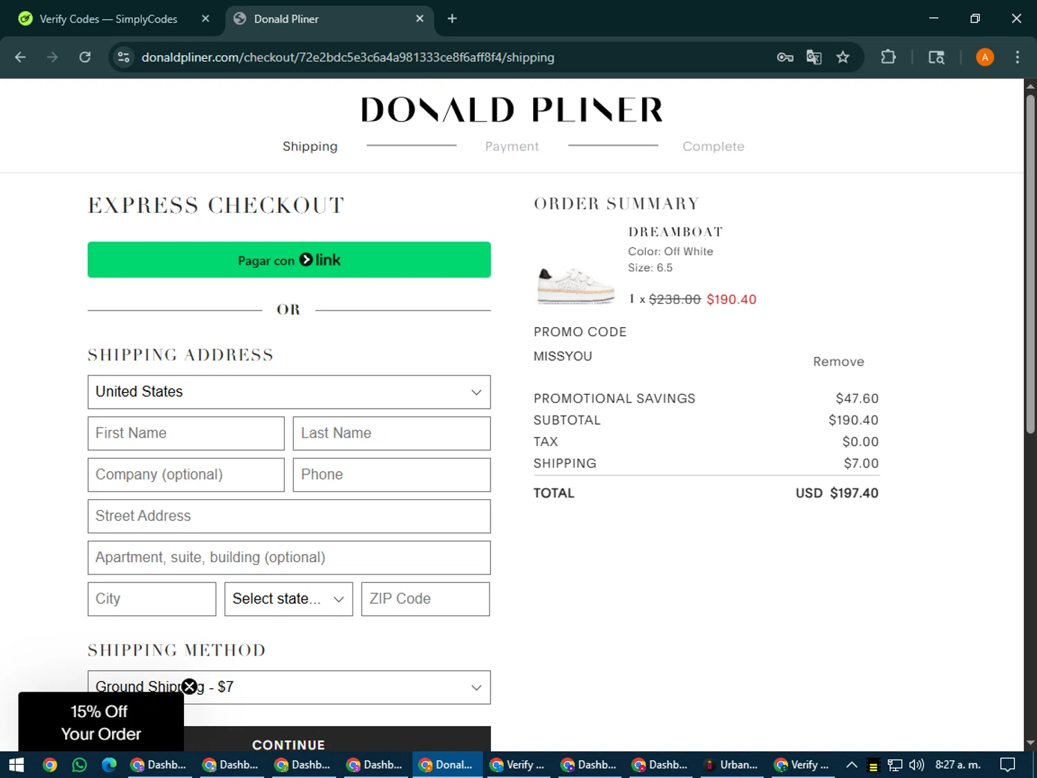 Donald Pliner coupon code screenshot showing code MISSYOU applied at Donald Pliner checkout page. Uploaded by SimplyCodes community member MoneyPhoenix4664 on Jul 31, 2025