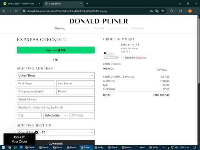 Donald Pliner checkout page showing Donald Pliner coupon code box | Screenshot taken by SimplyCodes community member on Jul 31, 2025