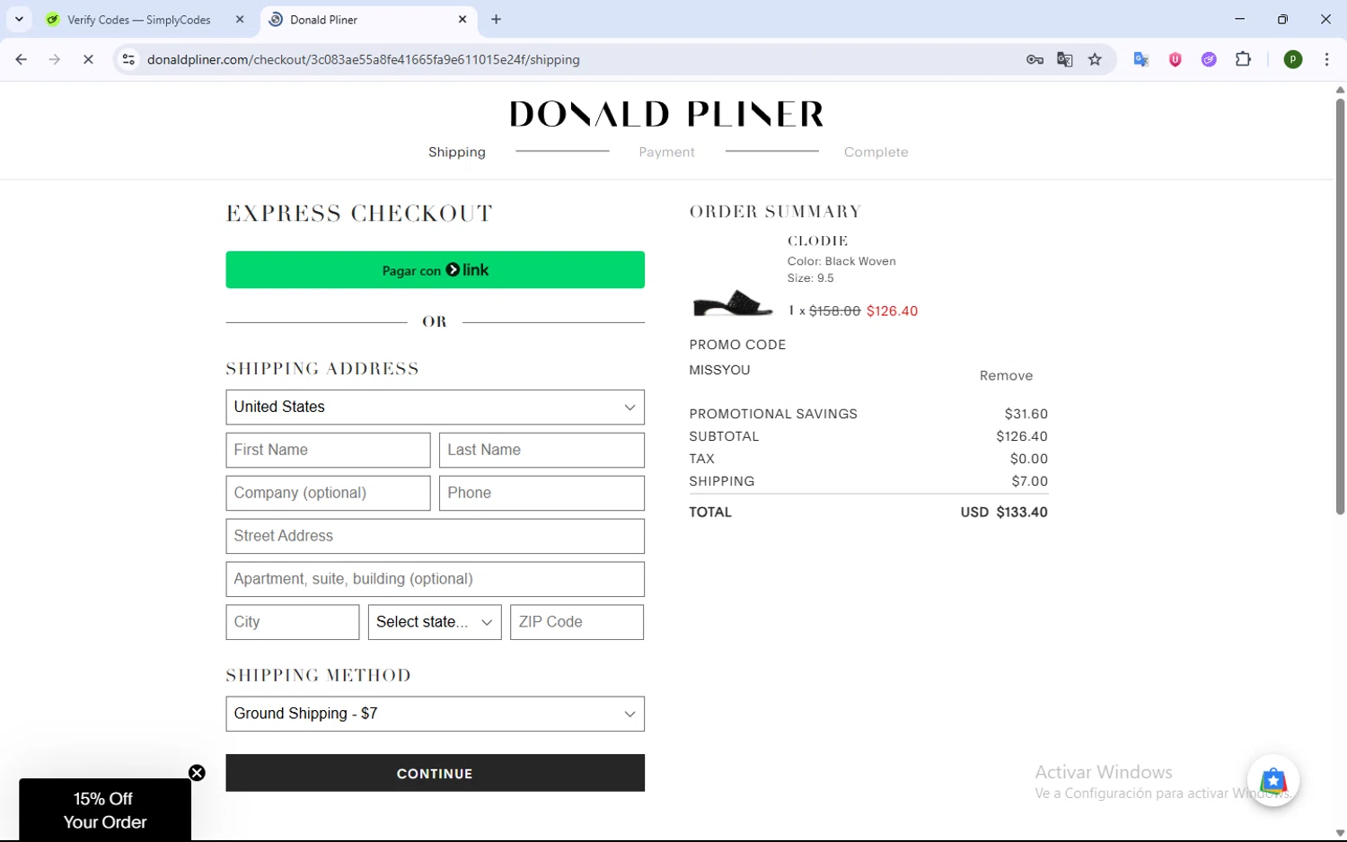 Donald Pliner coupon code screenshot showing code MISSYOU applied at Donald Pliner checkout page. Uploaded by SimplyCodes community member WonderWarden4709 on Jun 27, 2025