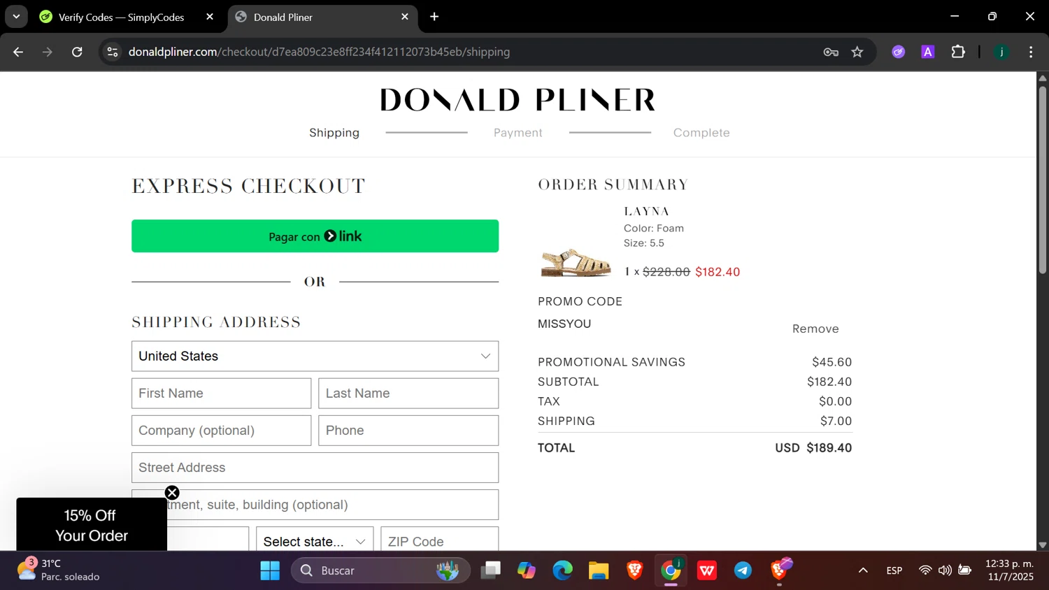 Donald Pliner coupon code screenshot showing code MISSYOU applied at Donald Pliner checkout page. Uploaded by SimplyCodes community member hanzell03 on Jul 11, 2025