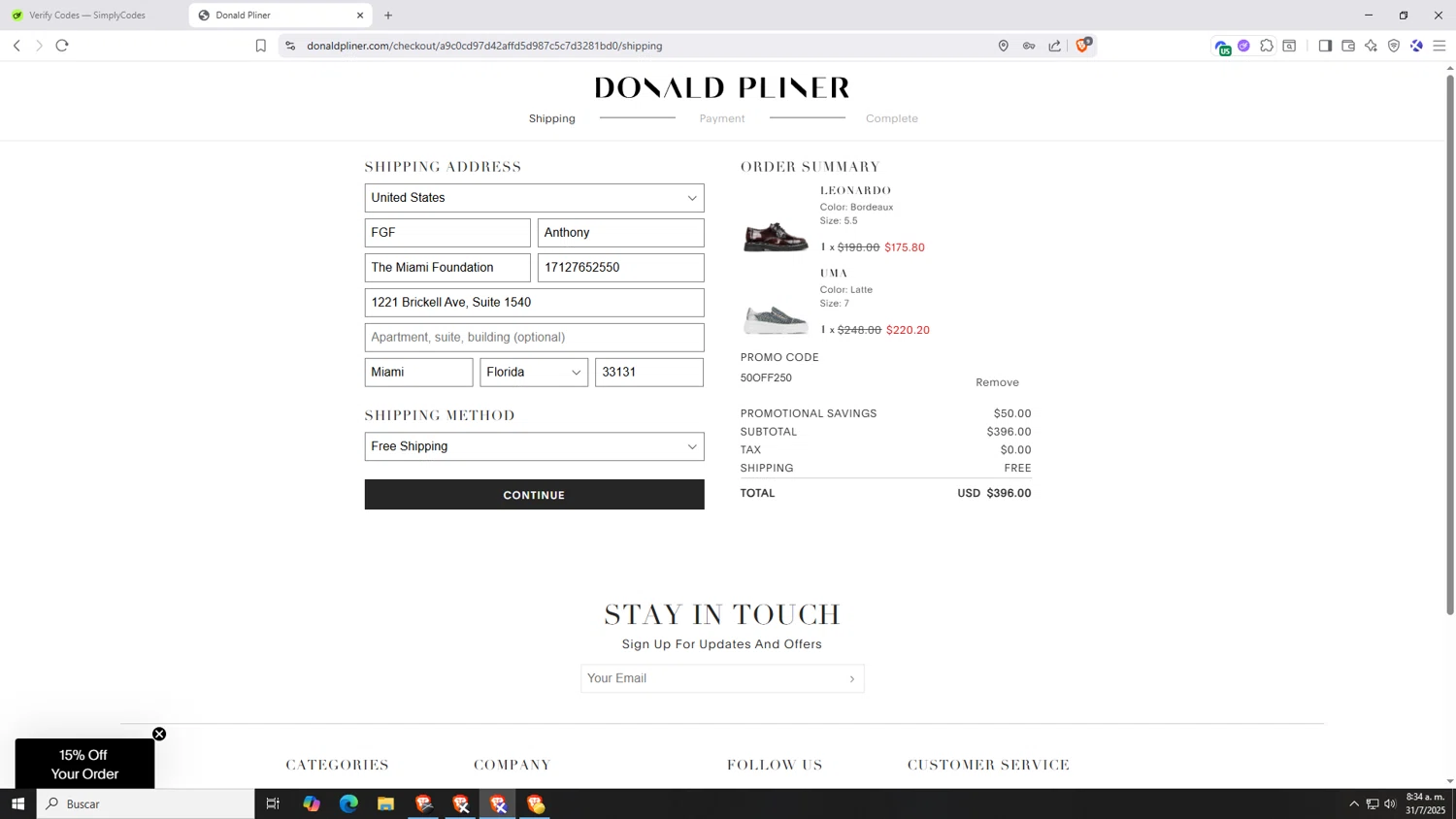 Donald Pliner coupon code screenshot showing code 50off250 applied at Donald Pliner checkout page. Uploaded by SimplyCodes community member Hasta_El_Final on Jul 31, 2025