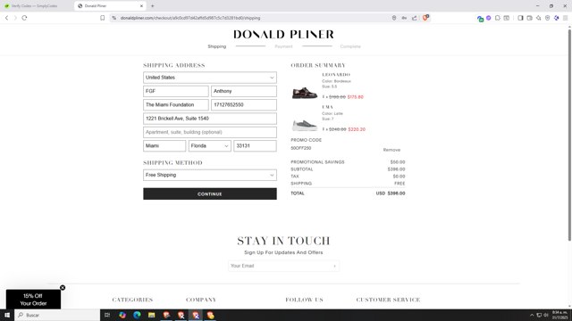 Donald Pliner checkout page showing Donald Pliner coupon code box | Screenshot taken by SimplyCodes community member on Jul 31, 2025