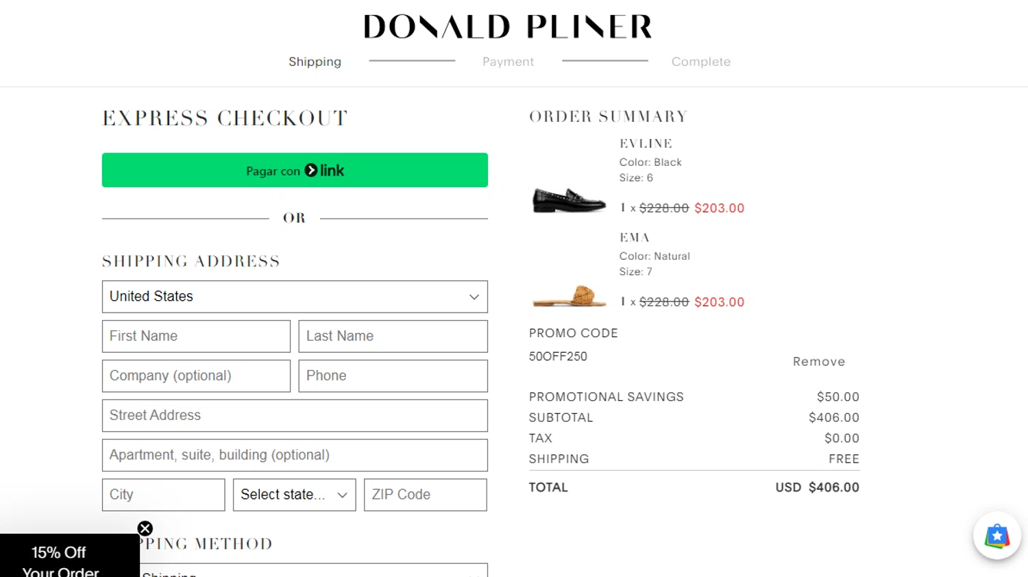 Donald Pliner coupon code screenshot showing code 50off250 applied at Donald Pliner checkout page. Uploaded by SimplyCodes community member SmartSaver7916 on Jun 3, 2025