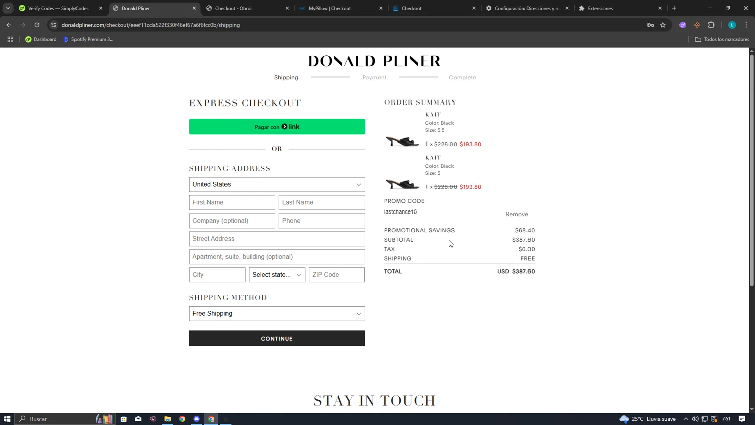 Donald Pliner coupon code screenshot showing code lastchance15 applied at Donald Pliner checkout page. Uploaded by SimplyCodes community member Chachitox on Jul 12, 2025