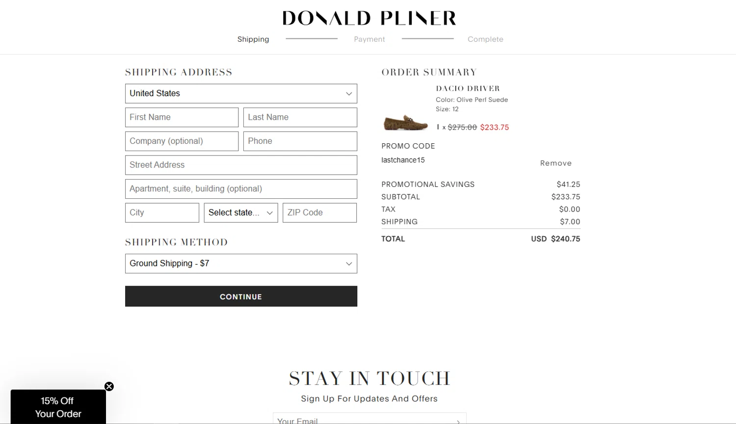 Donald Pliner coupon code screenshot showing code lastchance15 applied at Donald Pliner checkout page. Uploaded by SimplyCodes community member Marboroooooooooooo on May 29, 2025