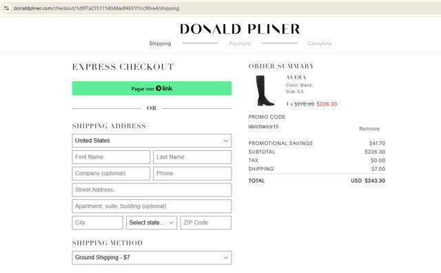 Donald Pliner checkout page showing Donald Pliner coupon code box | Screenshot taken by SimplyCodes community member on Aug 11, 2025