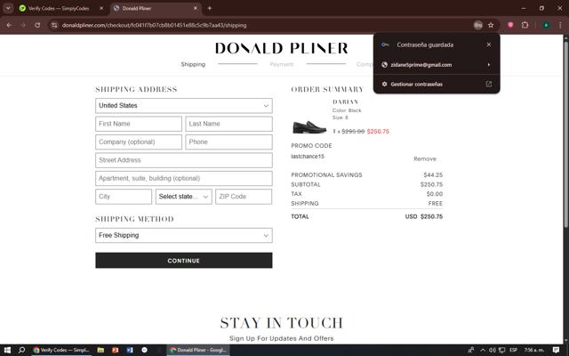 Donald Pliner checkout page showing Donald Pliner coupon code box | Screenshot taken by SimplyCodes community member on Sep 9, 2025