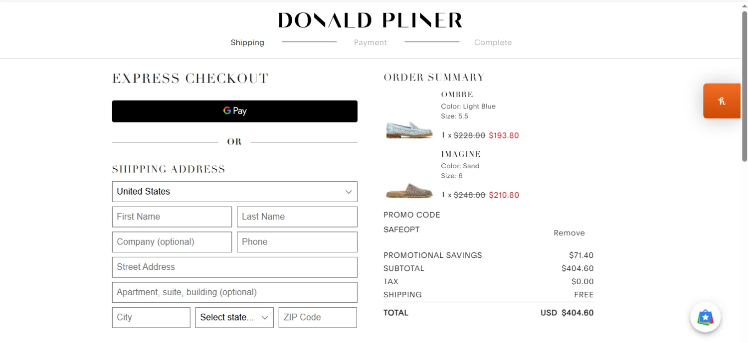 Donald Pliner coupon code screenshot showing code safeopt applied at Donald Pliner checkout page. Uploaded by SimplyCodes community member shark12 on Aug 13, 2025