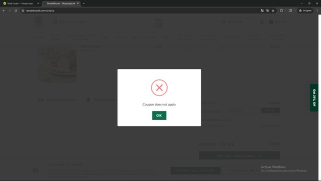 Donald Russell checkout page showing Donald Russell discount code box | Screenshot taken by SimplyCodes community member on Aug 12, 2025