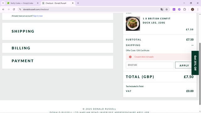 Donald Russell checkout page showing Donald Russell discount code box | Screenshot taken by SimplyCodes community member on May 27, 2025