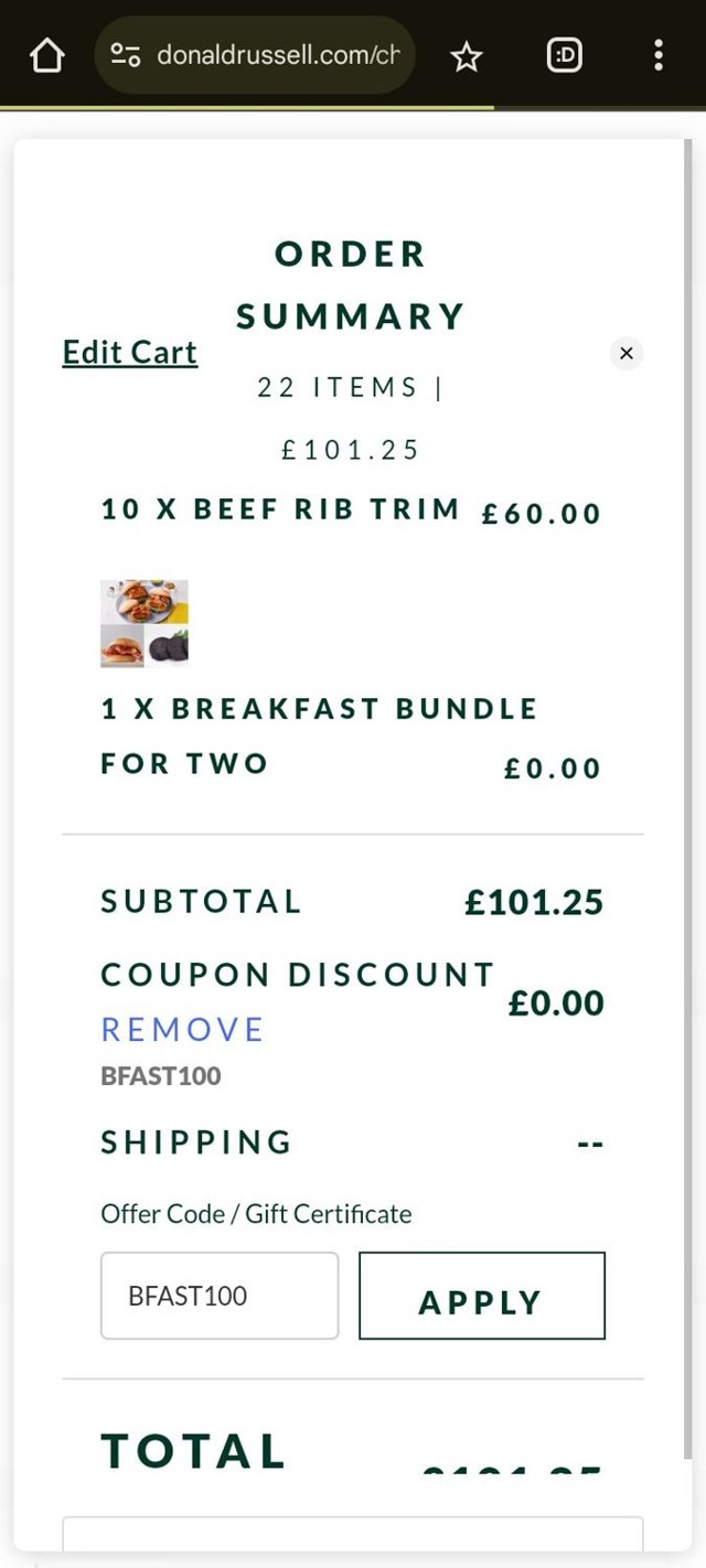 Donald Russell checkout page showing Donald Russell discount code box | Screenshot taken by SimplyCodes community member on Jan 9, 2025
