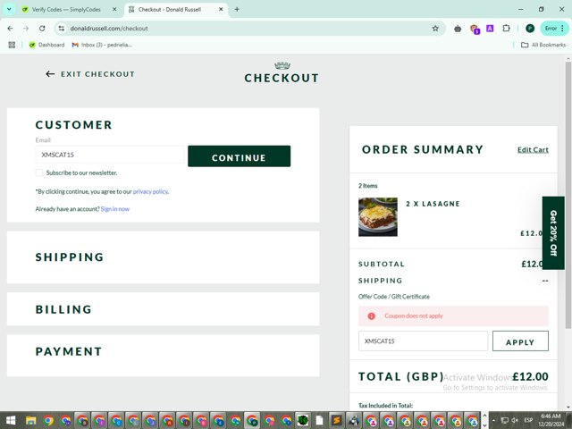 Donald Russell checkout page showing Donald Russell discount code box | Screenshot taken by SimplyCodes community member on Dec 20, 2024