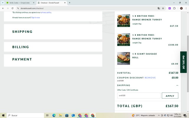 Donald Russell checkout page showing Donald Russell discount code box | Screenshot taken by SimplyCodes community member on Dec 15, 2024