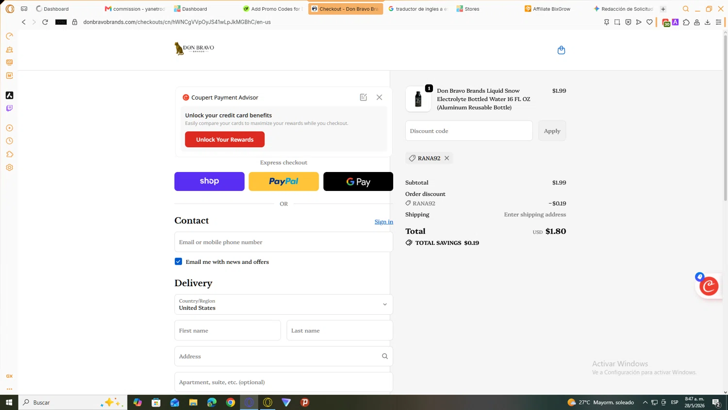 Don Bravo Brands promo code screenshot showing code RANA92 applied at Don Bravo Brands checkout page. Uploaded by SimplyCodes community member JEUGENIO on May 28, 2026
