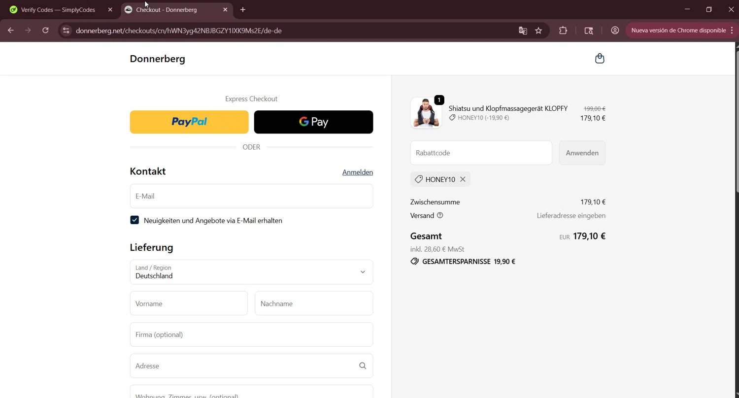 Donnerberg promo code screenshot showing code HONEY10 applied at Donnerberg checkout page. Uploaded by SimplyCodes community member LuckyNavigator1490 on Oct 11, 2025