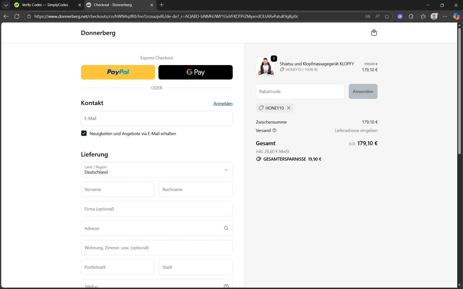 Donnerberg promo code screenshot showing code HONEY10 applied at Donnerberg checkout page. Uploaded by SimplyCodes community member juan1702 on Nov 2, 2025