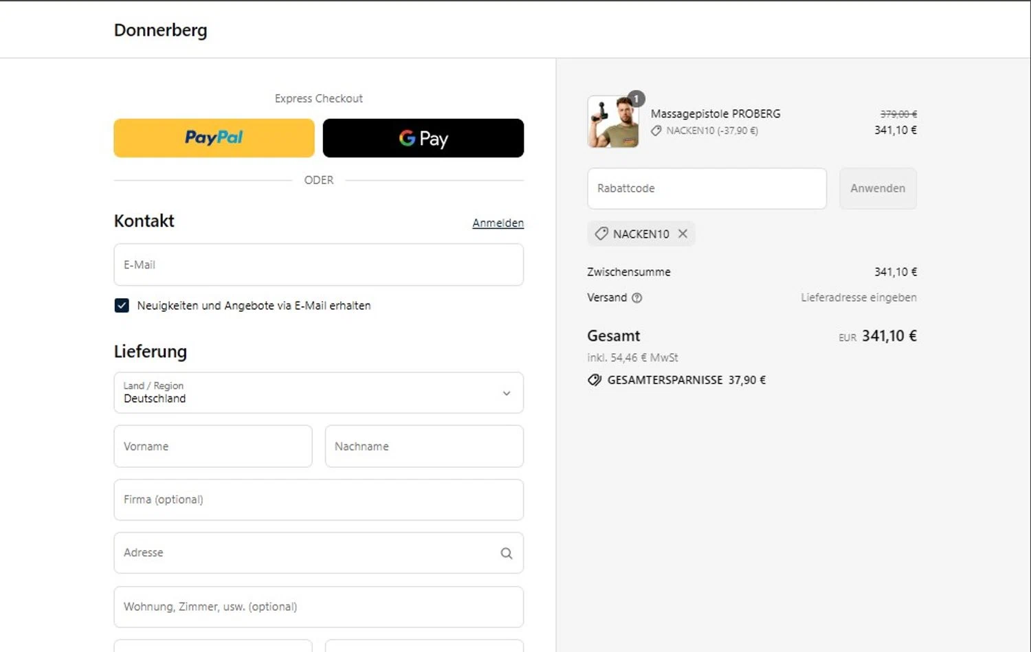 Donnerberg promo code screenshot showing code NACKEN10 applied at Donnerberg checkout page. Uploaded by SimplyCodes community member BargainRanger2568 on Jul 27, 2025