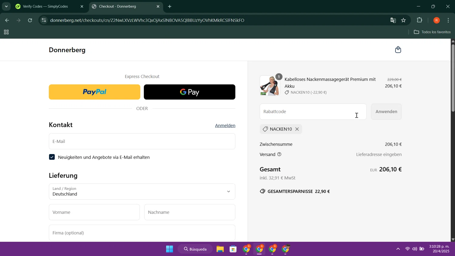 Donnerberg promo code screenshot showing code NACKEN10 applied at Donnerberg checkout page. Uploaded by SimplyCodes community member FortunateElite9977 on Apr 20, 2025